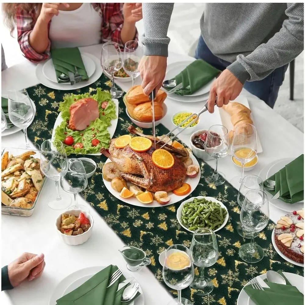 Christmas Table Runner Trees / Snow Soft Plush Faux Fur Green / Gold 14 x 72 